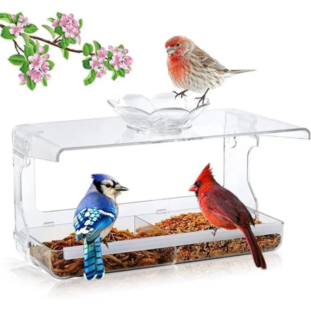 Window Bird Feeder with Non-Marking Self-Adhesive Hooks, Clear and Transparent